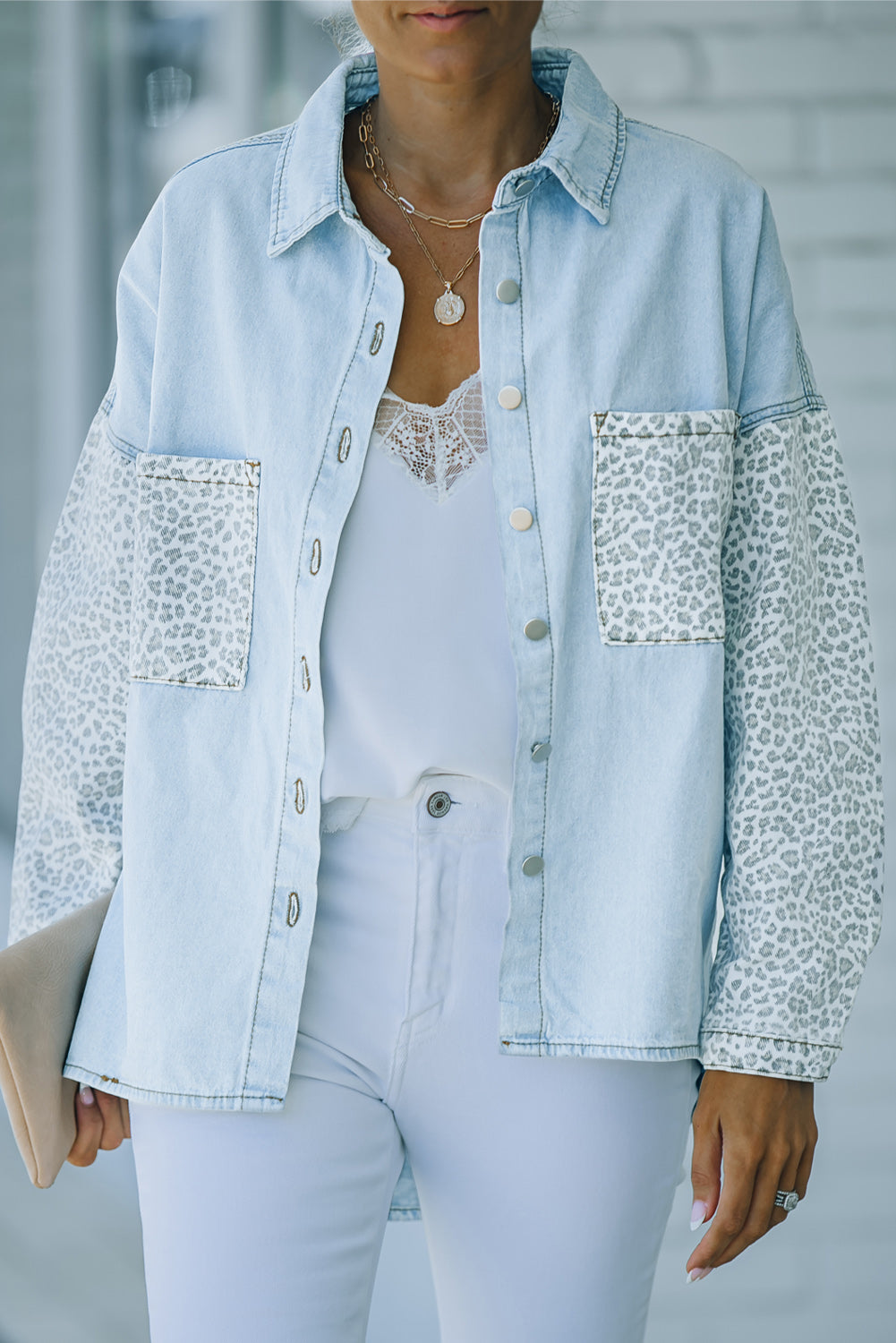 Sky Blue Contrast Leopard Denim Jacket - SELFTRITSS   