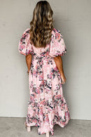 Pink Floral Puff Sleeve High Waist Maxi Dress - SELFTRITSS