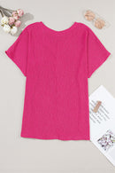 Bright Pink Crinkled V Neck Wide Sleeve T-shirt - SELFTRITSS