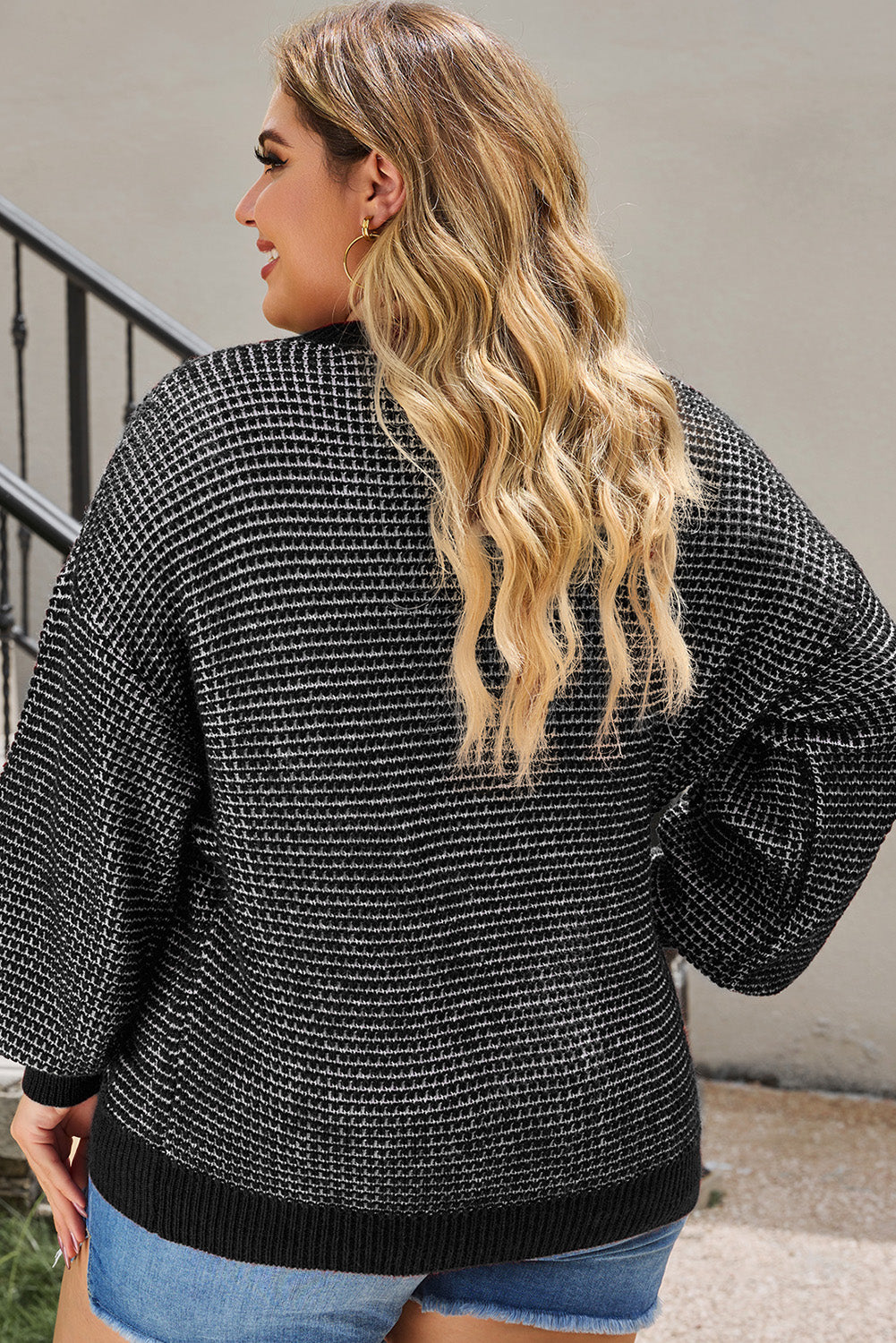 Black Heathered Knit Plus Size Drop Shoulder Sweater - SELFTRITSS