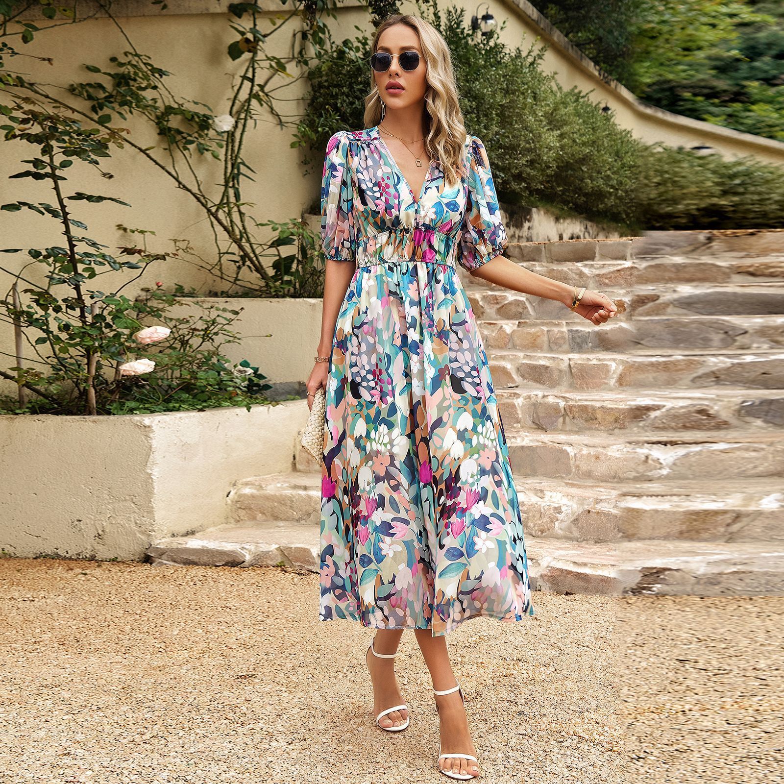 New V-neck Printed Short-sleeved Long Dress Summer Fashion Slim Seaside Vacation Beach Dresses For Women Clothing - SELFTRITSS