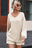 Beige Corded V Neck Slouchy Top Pocketed Shorts Set - SELFTRITSS