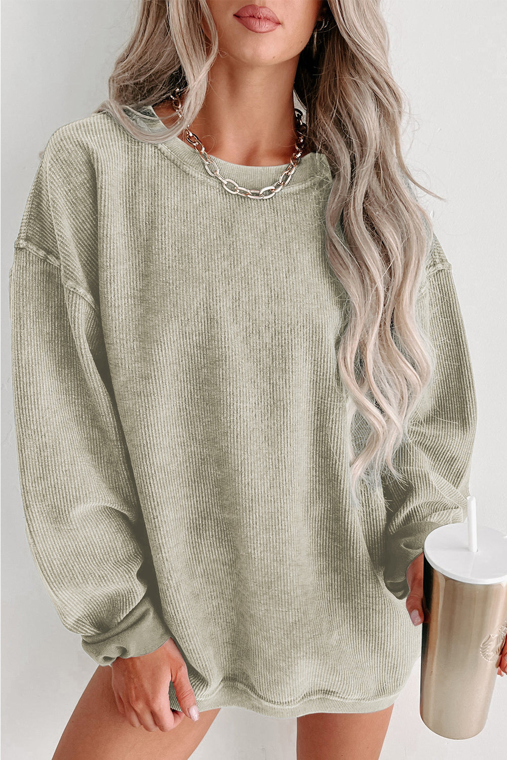 Green Solid Ribbed Knit Round Neck Pullover Sweatshirt - SELFTRITSS