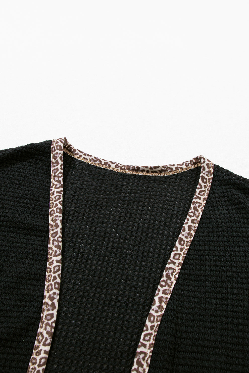 Black Leopard Contrast Waffle Knit Open Front Cardigan - SELFTRITSS