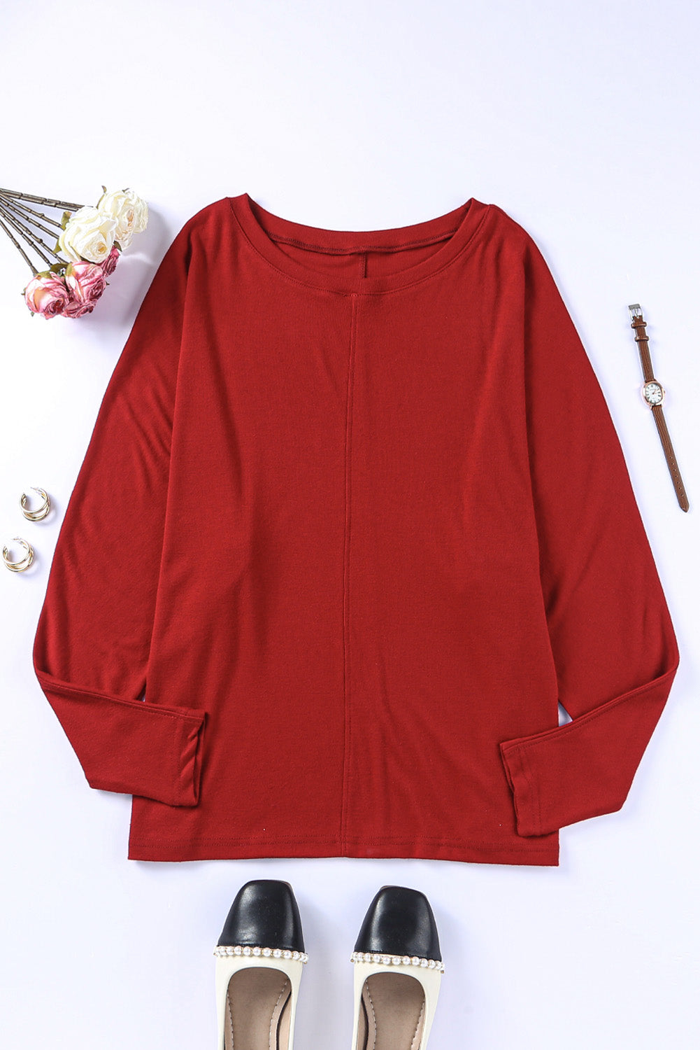 Red Solid Color Patchwork Long Sleeve Top - SELFTRITSS   