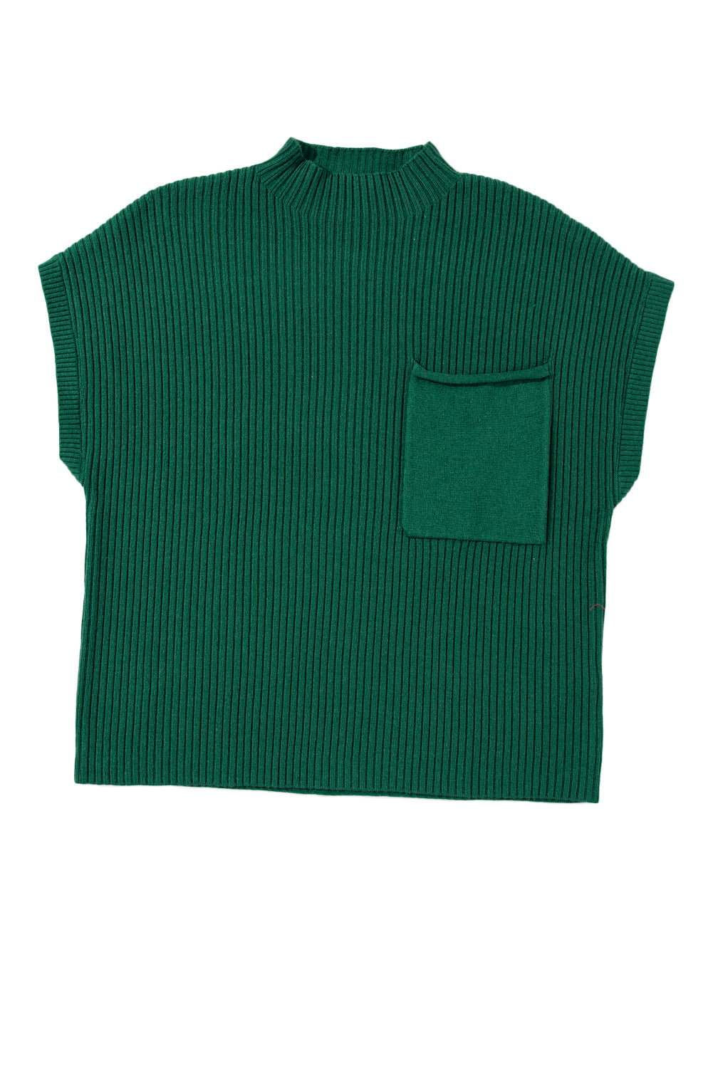 Blackish Green Patch Pocket Ribbed Knit Short Sleeve Sweater - SELFTRITSS   