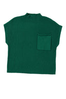 Blackish Green Patch Pocket Ribbed Knit Short Sleeve Sweater - SELFTRITSS   