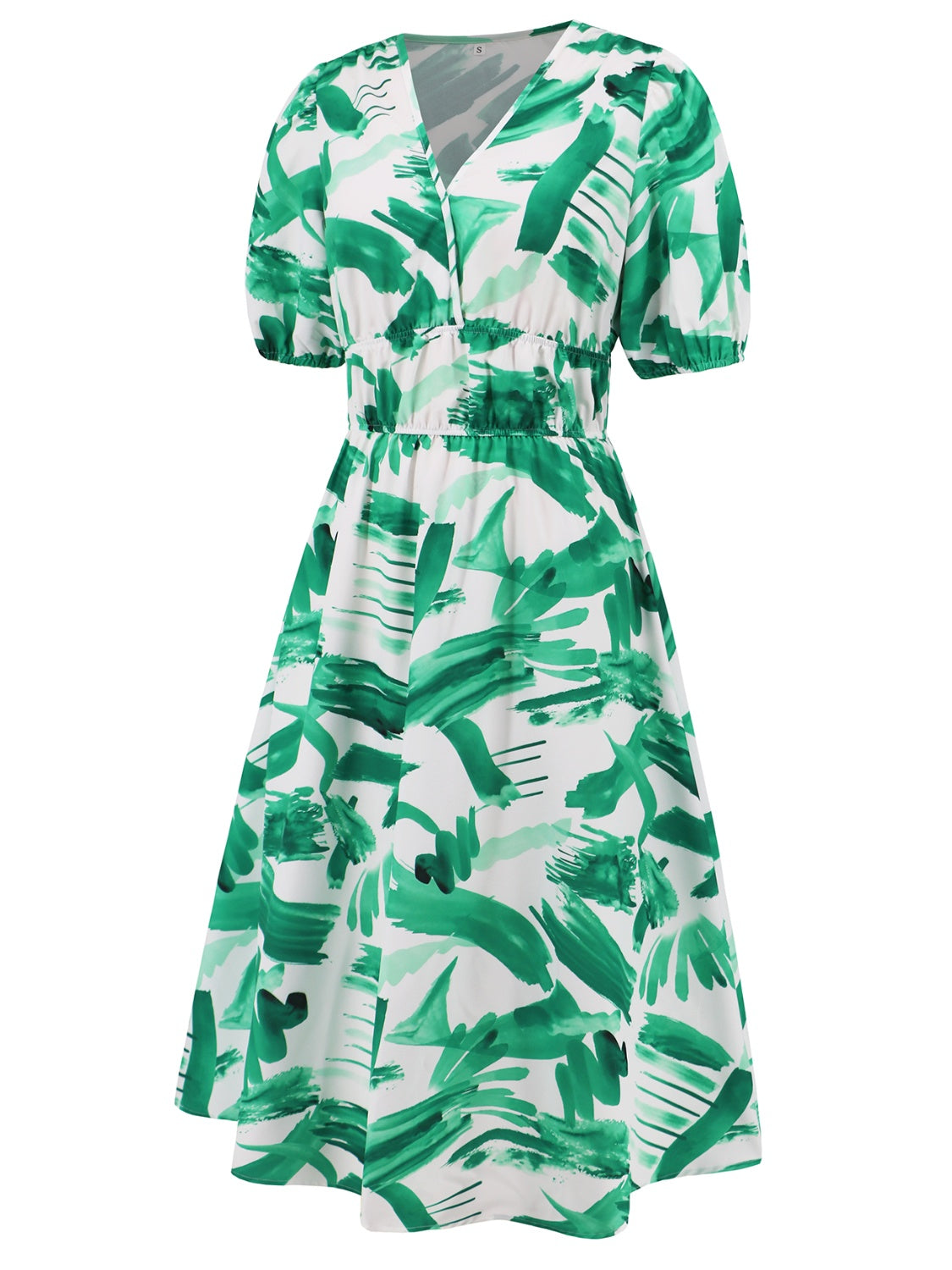 Ruched Printed Surplice Short Sleeve Dress - SELFTRITSS