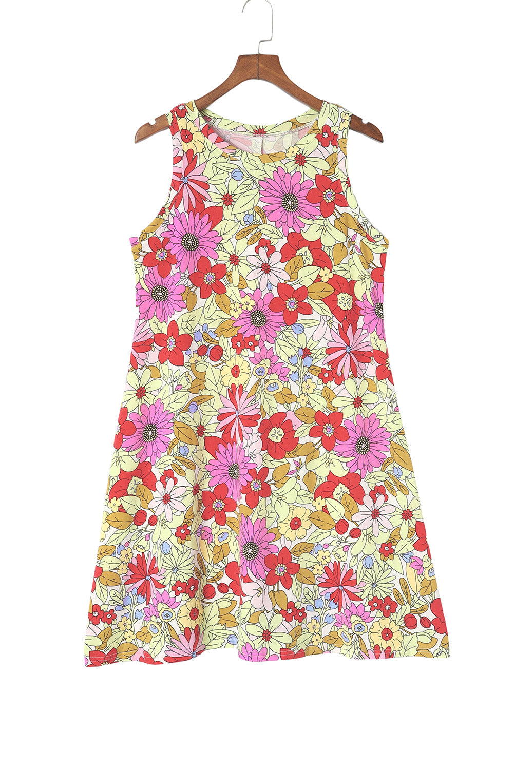 Fiery Red Round Neck Sleeveless Floral Mini Dress - SELFTRITSS