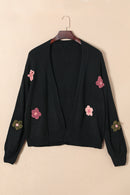 Black Floral Applique Drop Shoulder Bubble Sleeve Cardigan - SELFTRITSS