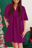 Rose Red Notched Neck Wide Sleeve Pleated Plus Size Dress - SELFTRITSS