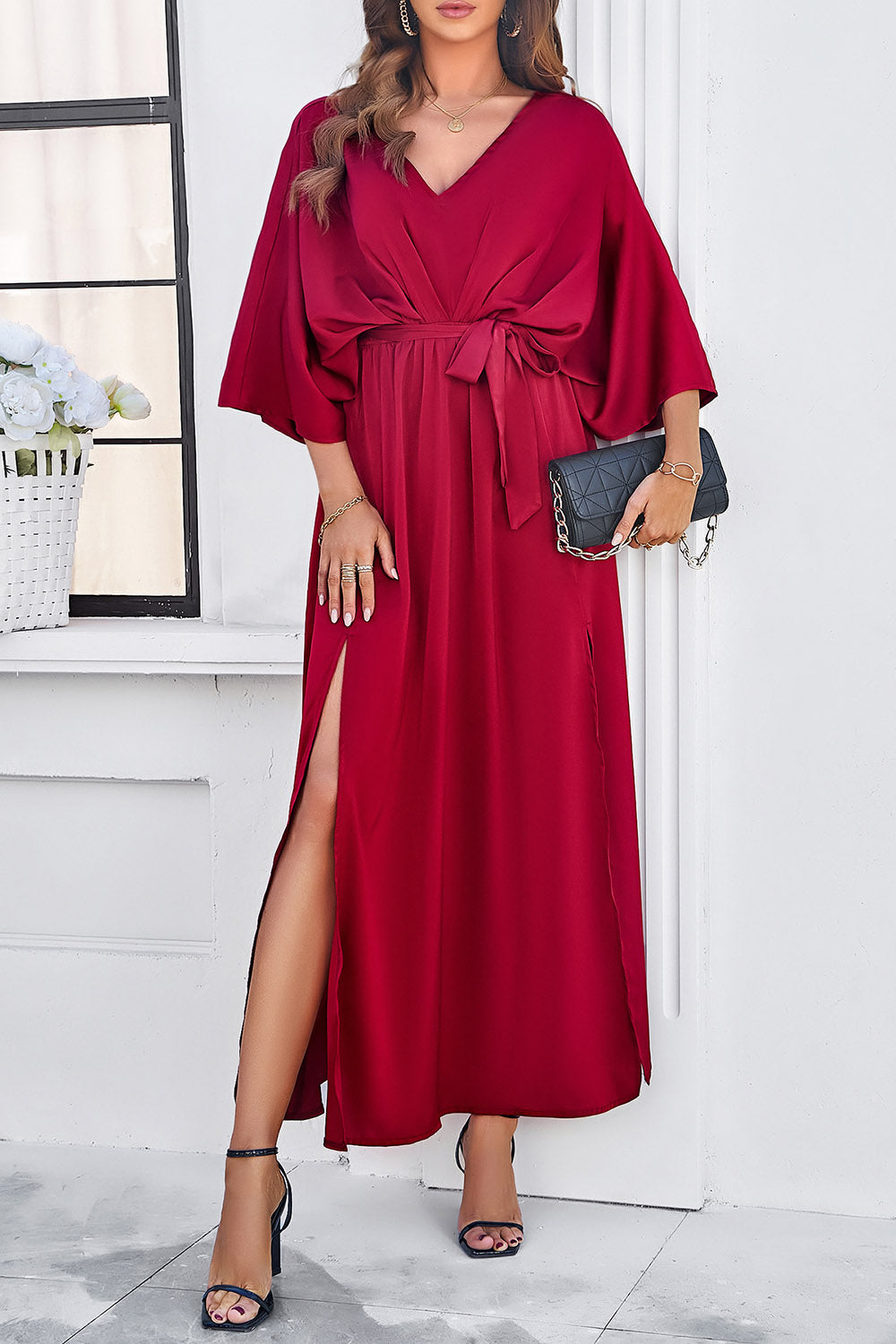 Slit Tied V-Neck Three-Quarter Sleeve Dress - SELFTRITSS