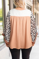 Khaki Printed Plus Ruffle Leopard Sleeve Waffled Color Block Top - SELFTRITSS   