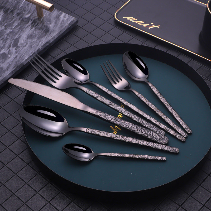 Embossed Textured Handle Steak Cutlery Set Of 7 - SELFTRITSS