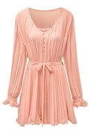Pink Pleated Ruffled Tie Waist Buttons V Neck Romper - SELFTRITSS