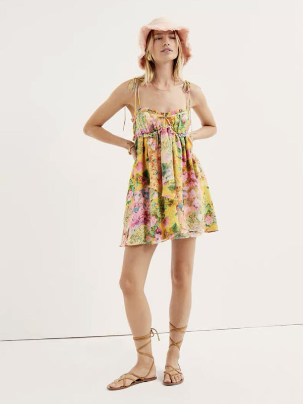 Lace-up French color-block floral sling dress