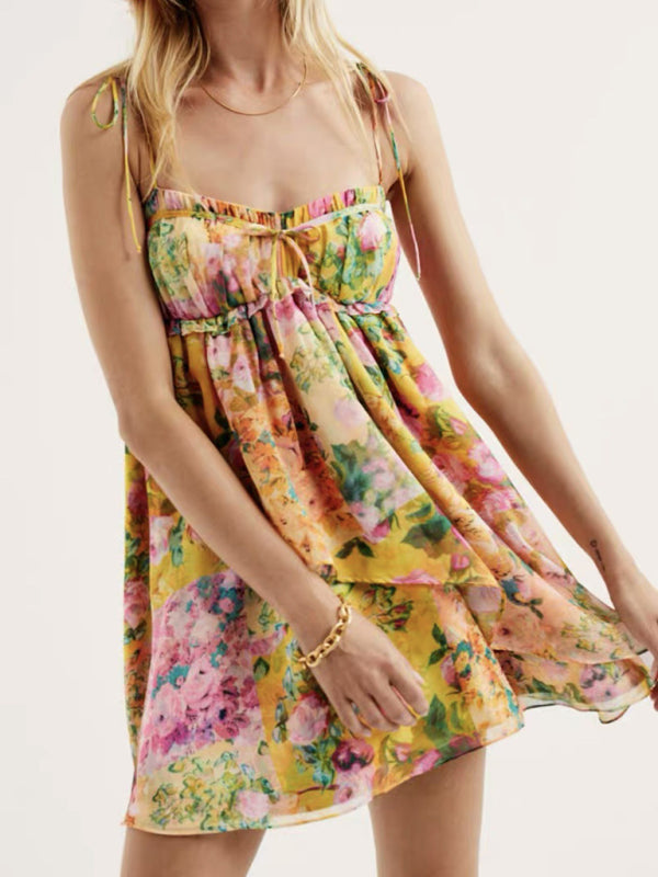 Lace-up French color-block floral sling dress