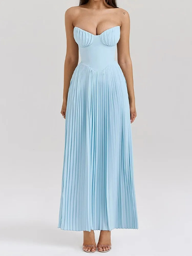 Blue Strapless Slimming Pleated Tight Dress