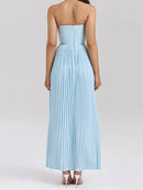 Blue Strapless Slimming Pleated Tight Dress - SELFTRITSS   