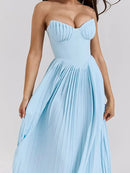 Blue Strapless Slimming Pleated Tight Dress - SELFTRITSS   