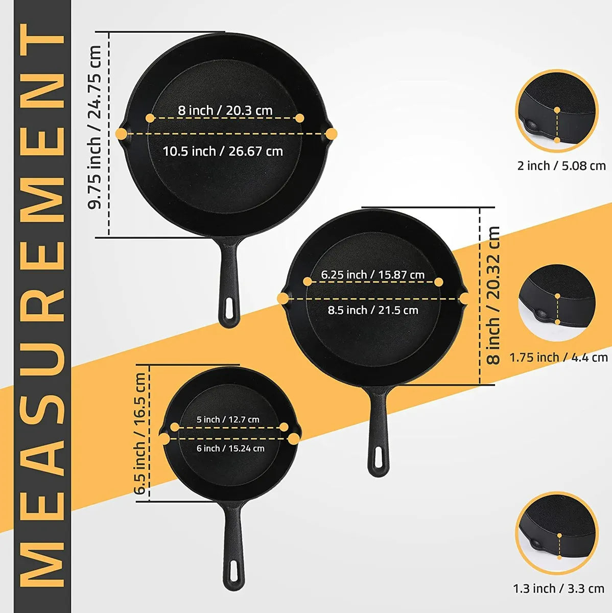 3 Piece Pre-Seasoned Cast Iron Skillet Set 6 , 8 and 10 Inches - SELFTRITSS   