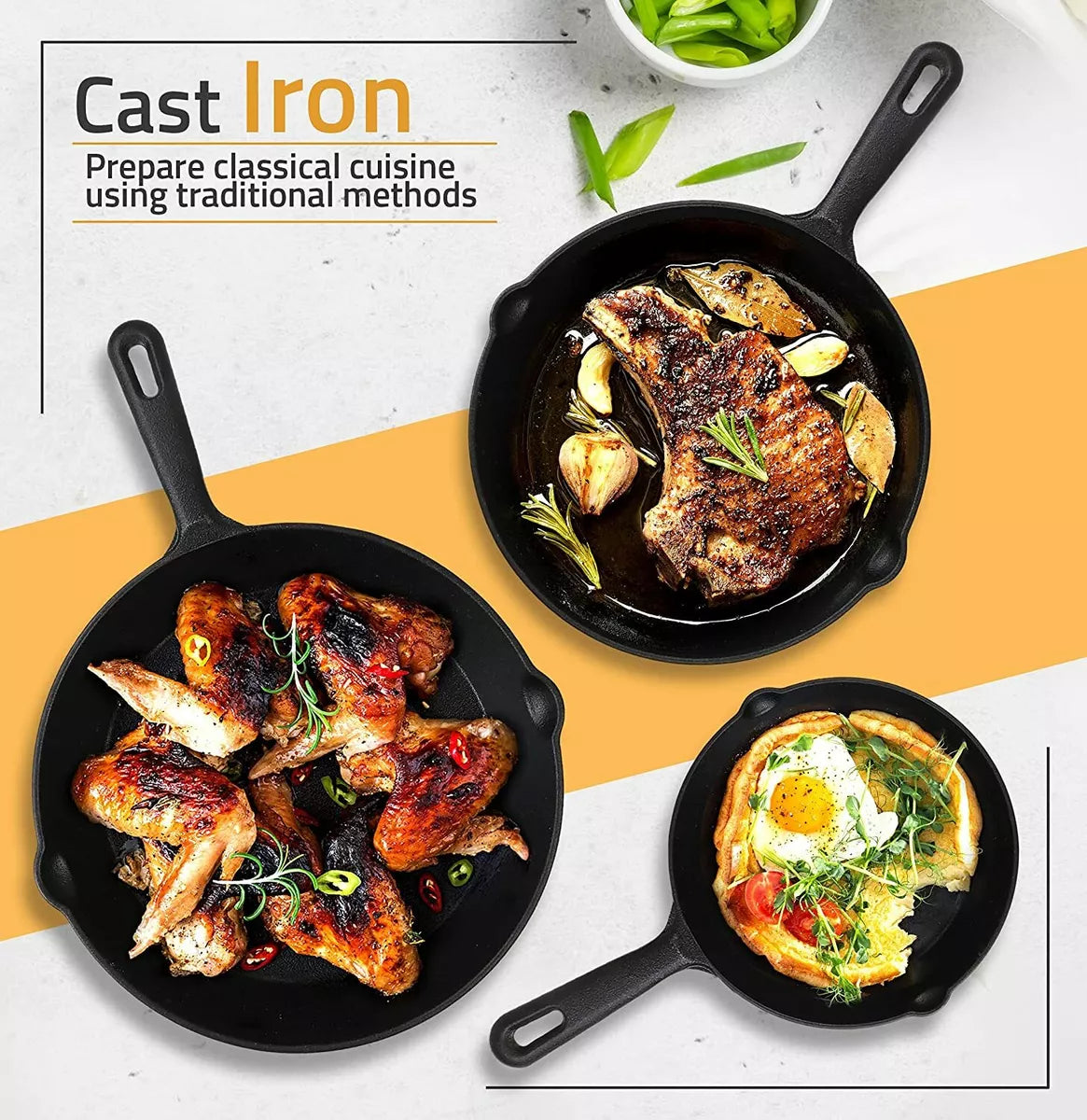 3 Piece Pre-Seasoned Cast Iron Skillet Set 6 , 8 and 10 Inches - SELFTRITSS   