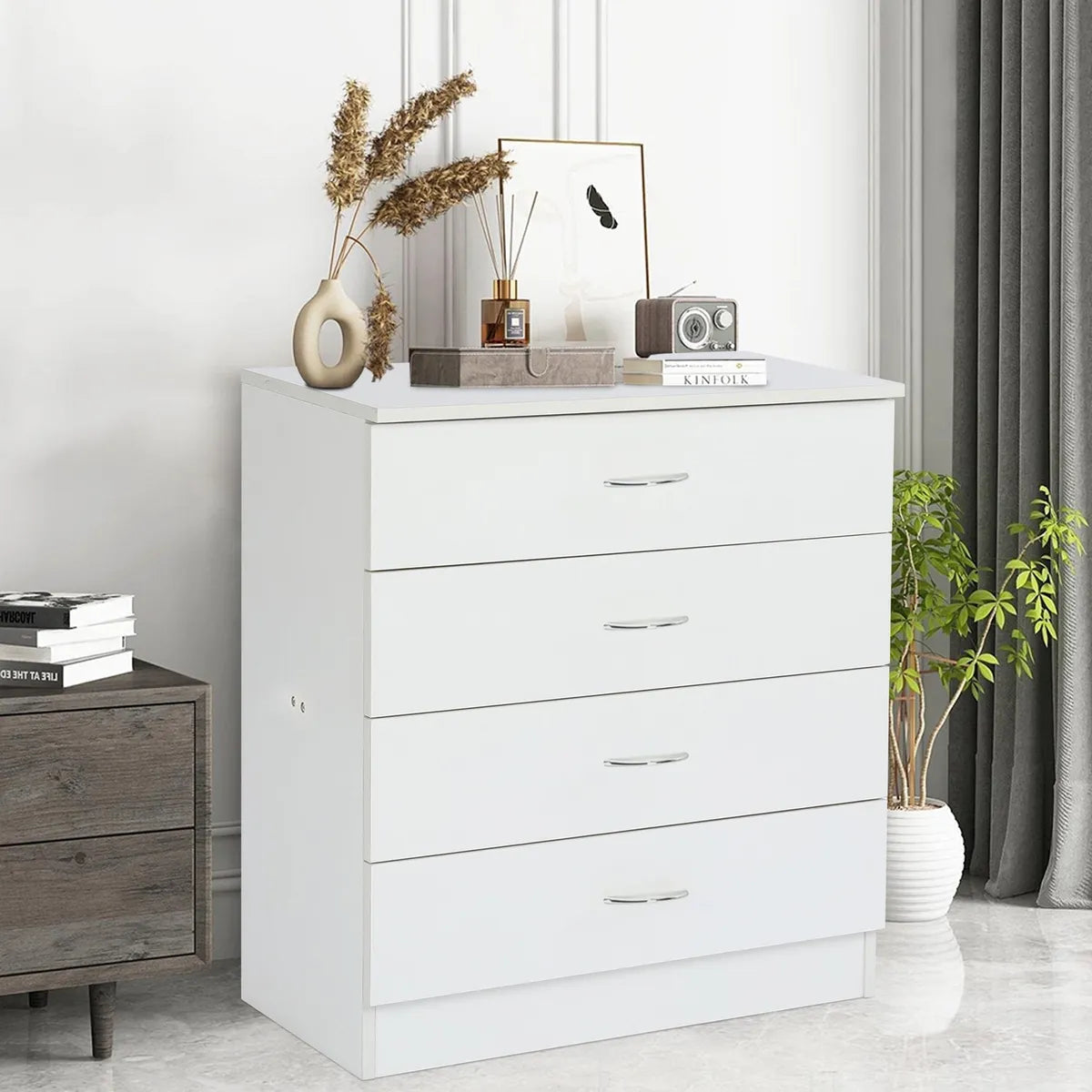 Bedroom Storage Dresser 4 Drawers with Cabinet Wood