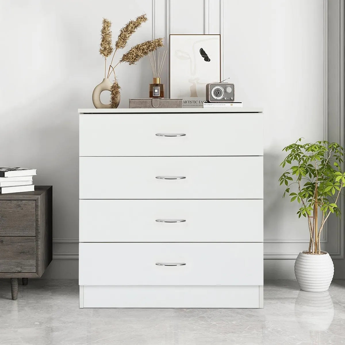 Bedroom Storage Dresser 4 Drawers with Cabinet Wood