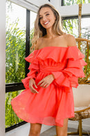 BiBi Off Shoulder Layered Long Sleeve Ruched Dress - SELFTRITSS