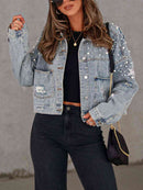 Pearl Trim Button Up Denim Jacket with Pockets - SELFTRITSS