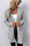 Rib-Knit Open Front Pocketed Cardigan - SELFTRITSS   