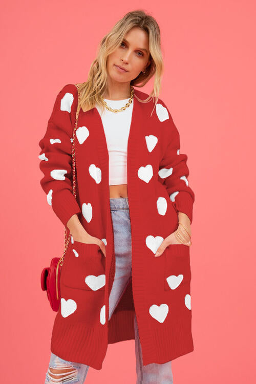 Heart Graphic Open Front Cardigan with Pockets - SELFTRITSS