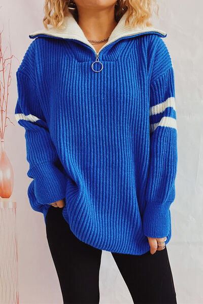 Quarter Zip Striped Dropped Shoulder Sweater - SELFTRITSS