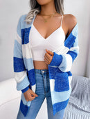 Striped Rib-Knit Open Front Longline Cardigan - SELFTRITSS