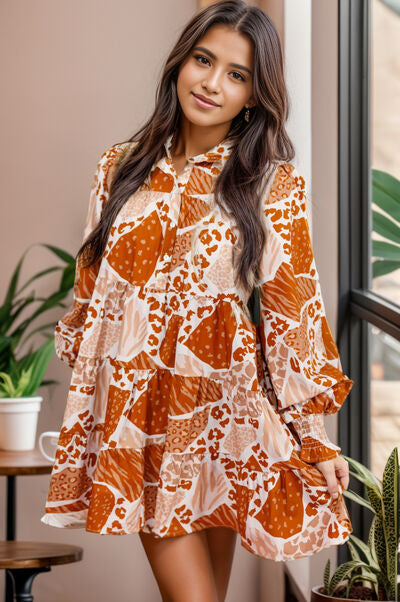 Printed Tiered Half Button Lantern Sleeve Mini Dress