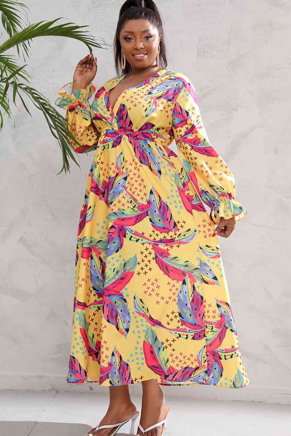 Plus Size Printed Flounce Sleeve Maxi Dress - SELFTRITSS