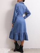 Collared Neck Button Down Denim Dress - SELFTRITSS