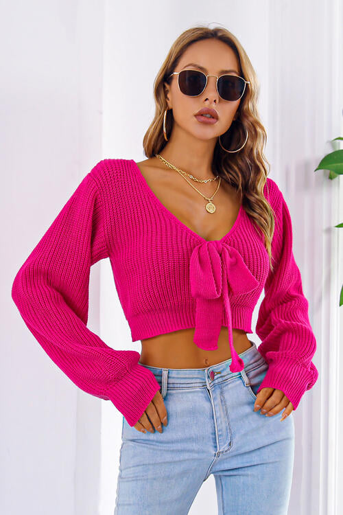 Bow V-Neck Long Sleeve Cropped Sweater - SELFTRITSS