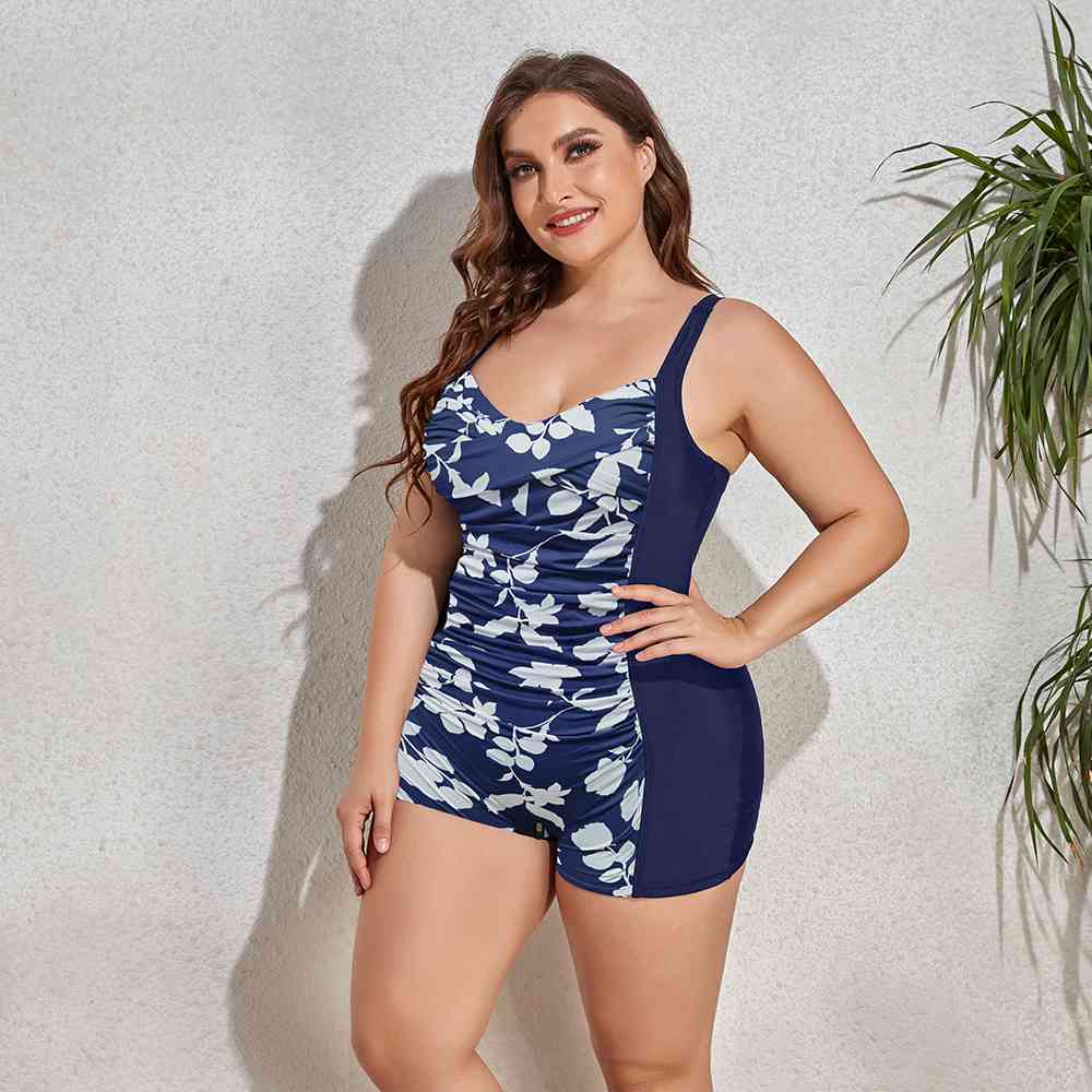 Plus Size Printed Sleeveless Swim Romper - SELFTRITSS