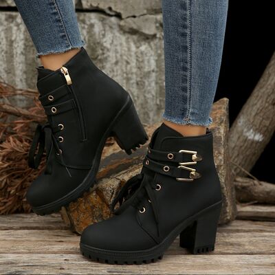 PU Leather Round Toe Block Heel Boots - SELFTRITSS