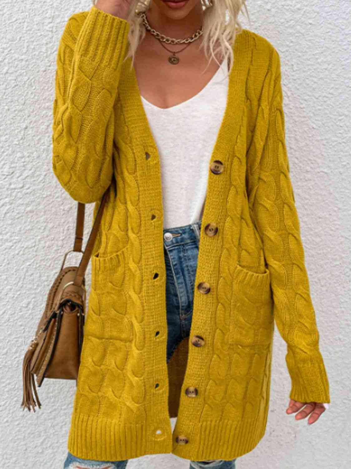 Cable-Knit Button Down Cardigan with Pockets - SELFTRITSS