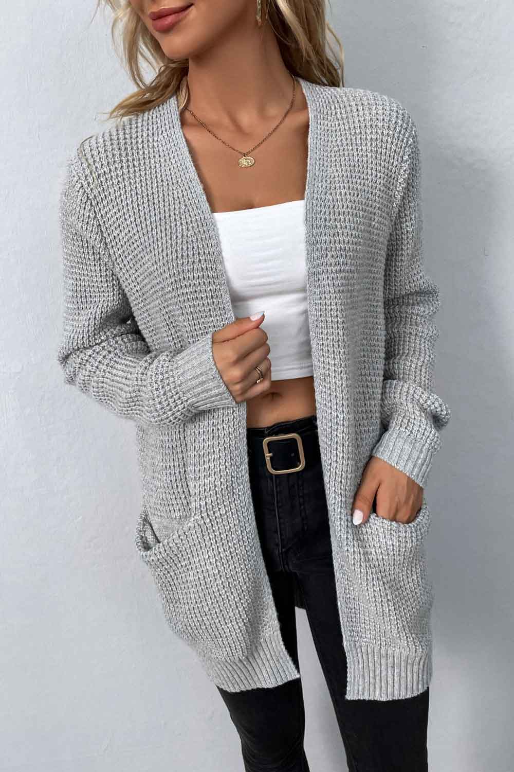 Rib-Knit Open Front Pocketed Cardigan - SELFTRITSS   