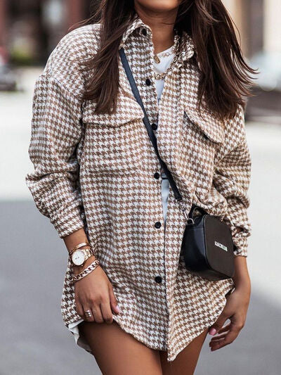 Houndstooth Button Up Dropped Shoulder Jacket - SELFTRITSS   