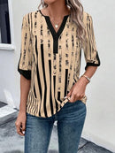 Striped Notched Half Sleeve Blouse - SELFTRITSS   