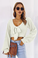 Bow V-Neck Long Sleeve Cropped Sweater - SELFTRITSS   