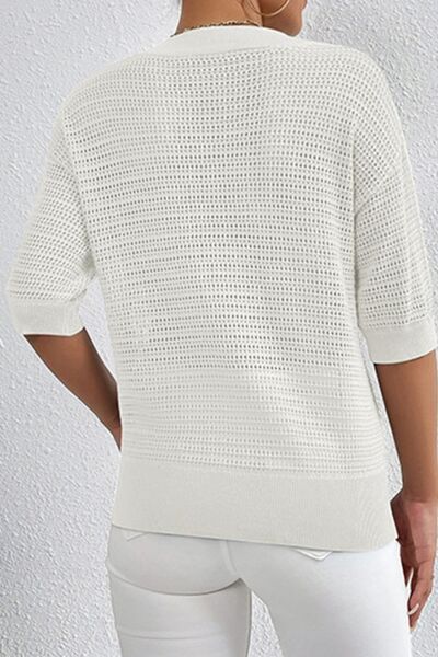 Openwork Half Button Dropped Shoulder Knit Top - SELFTRITSS