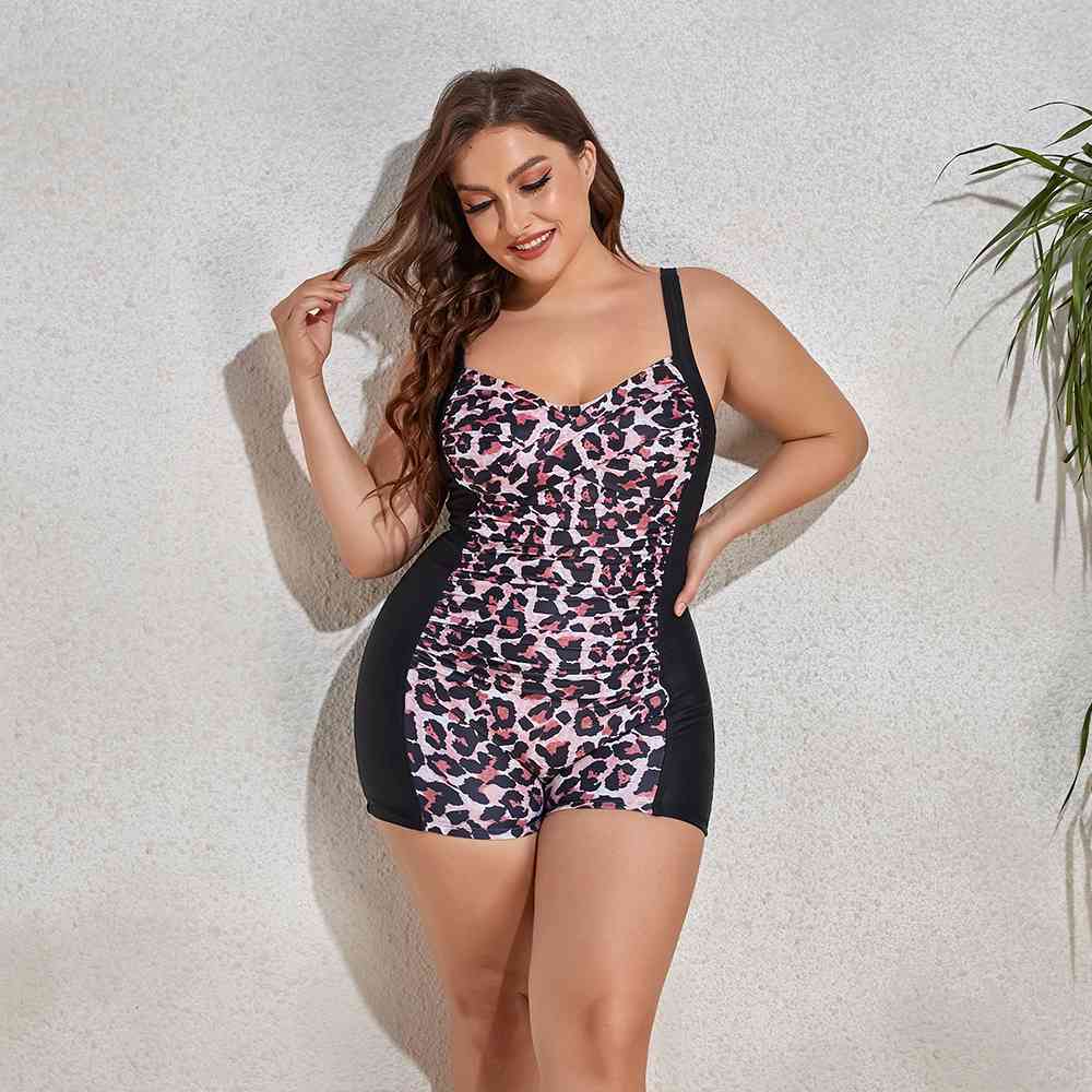 Plus Size Printed Sleeveless Swim Romper - SELFTRITSS