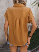 Textured Button Up Cap Sleeve Shirt - SELFTRITSS