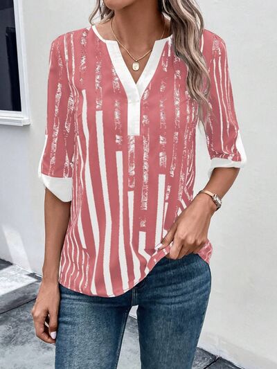 Striped Notched Half Sleeve Blouse - SELFTRITSS   