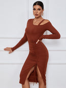 Ribbed Ruched Drawstring Wrap Dress - SELFTRITSS